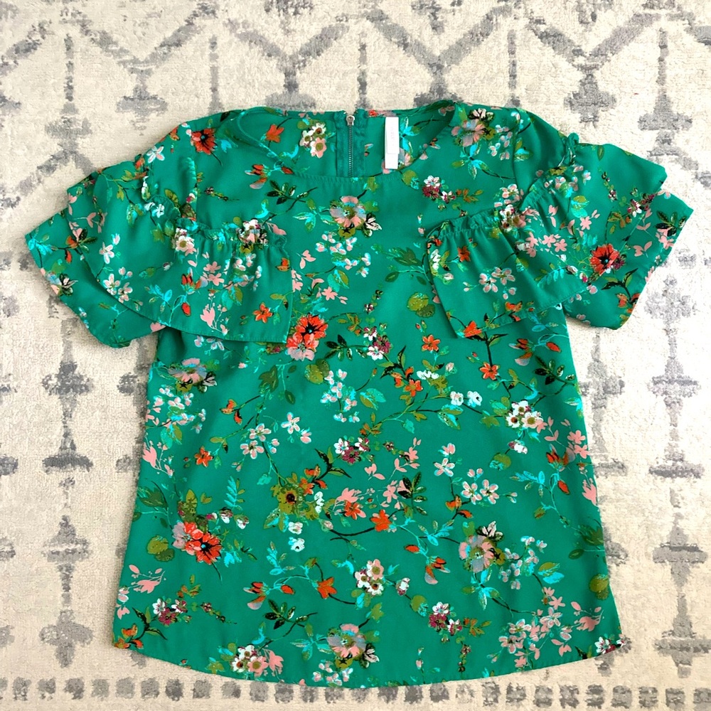 Blouse from target. Fits true to size and super cute with some jeans and flats!